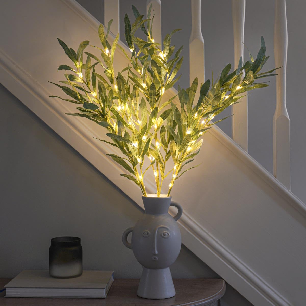 3 x 65cm Decorative Olive Leaf Branch Lights (1 Pack) with 60 Warm White LEDs - Battery Powered Indoor Foliage, Green Design, Timer Function, Clear Cable, Twig Style Vase Display