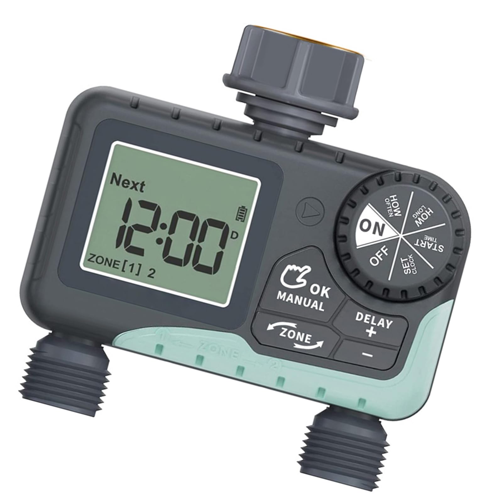FTVOGUE Urządzenie Sterujące Nawadnianiem Ogrodu, Sterownik Nawadniania z Podwójnym Wyjściem i Ekranem LCD, 35 L Min G3 4, Gwint 7 do 116 Psi, do Podlewania Roślin na Zewnątrz Trawnika, Ogrodu
