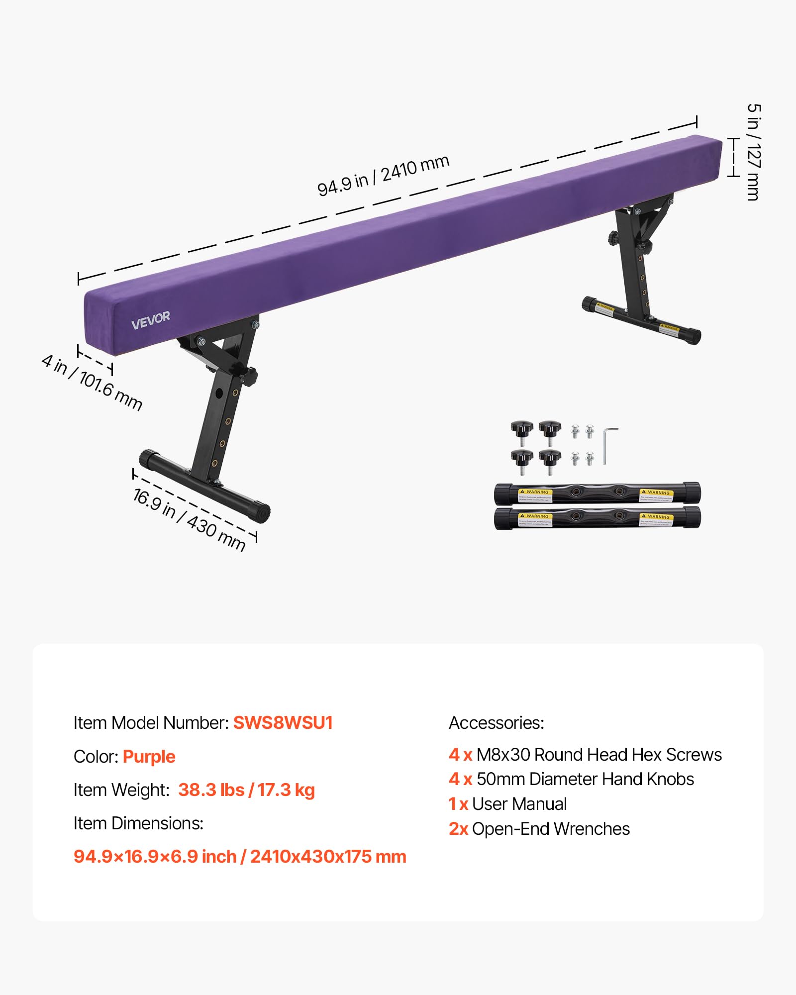VEVOR Poutre Gymnastique réglable pour Enfants, 2410 mm, Poutre d'équilibre avec 2 Modes et 5 hauteurs réglables, équipement d'entraînement Professionnel pour Maison et Centre de Gymnastique, Violet