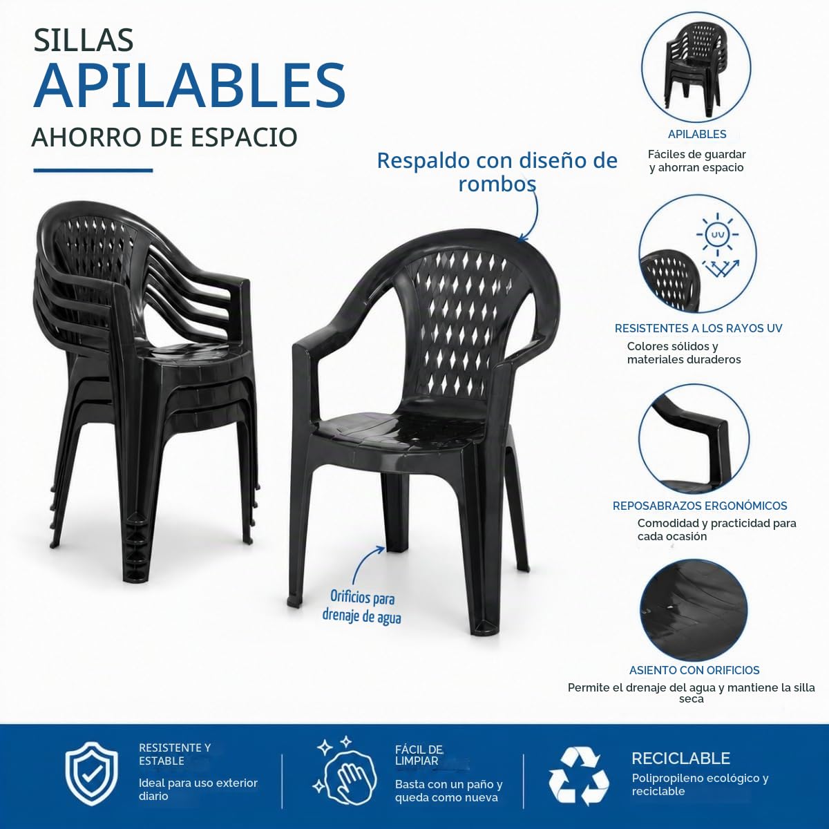 Tomaino - Mesa y sillas de jardín de plástico -Set Marshall 4 o 6 plazas – Mesa rectangular - Sillas apilables con reposabrazos para exterior de polipropileno - Terraza, balcón, bar (6, antracita)