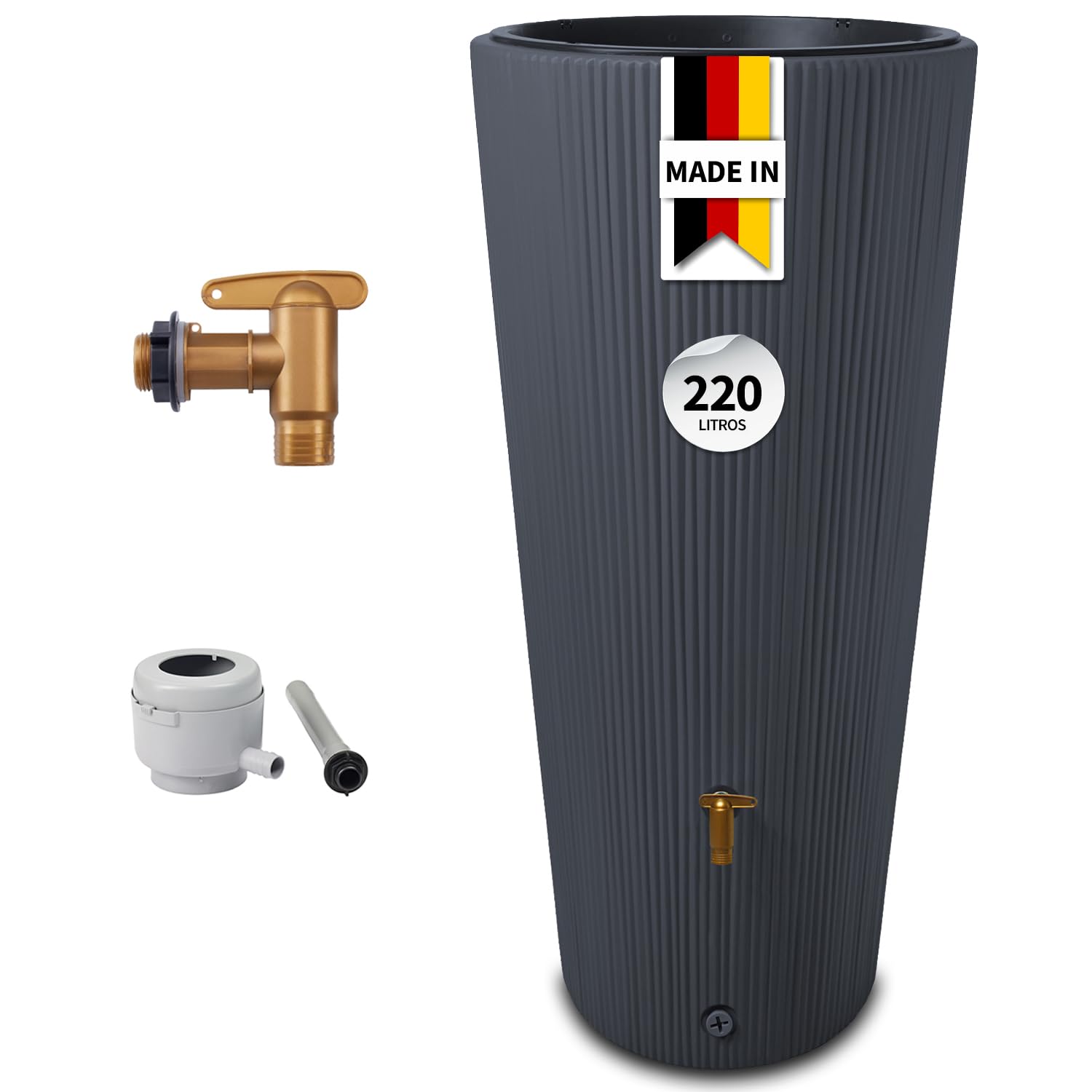 4rain Vaso 2en1 Decor depósito de Agua de Lluvia 220 L Graphite Grey Incl. Grifo de plástico y conexión al bajante - diseño Decorativo para jardín - Set Listo para conectar - Uso Exterior fiable