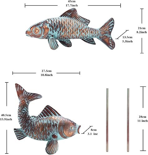 Miniatura 9 de G/N Juego de 2 esculturas de peces Koi para exteriores, estatua de jardín, estanque, peces, patio, esculturas y estatuas de Koi de cobre antiguo,