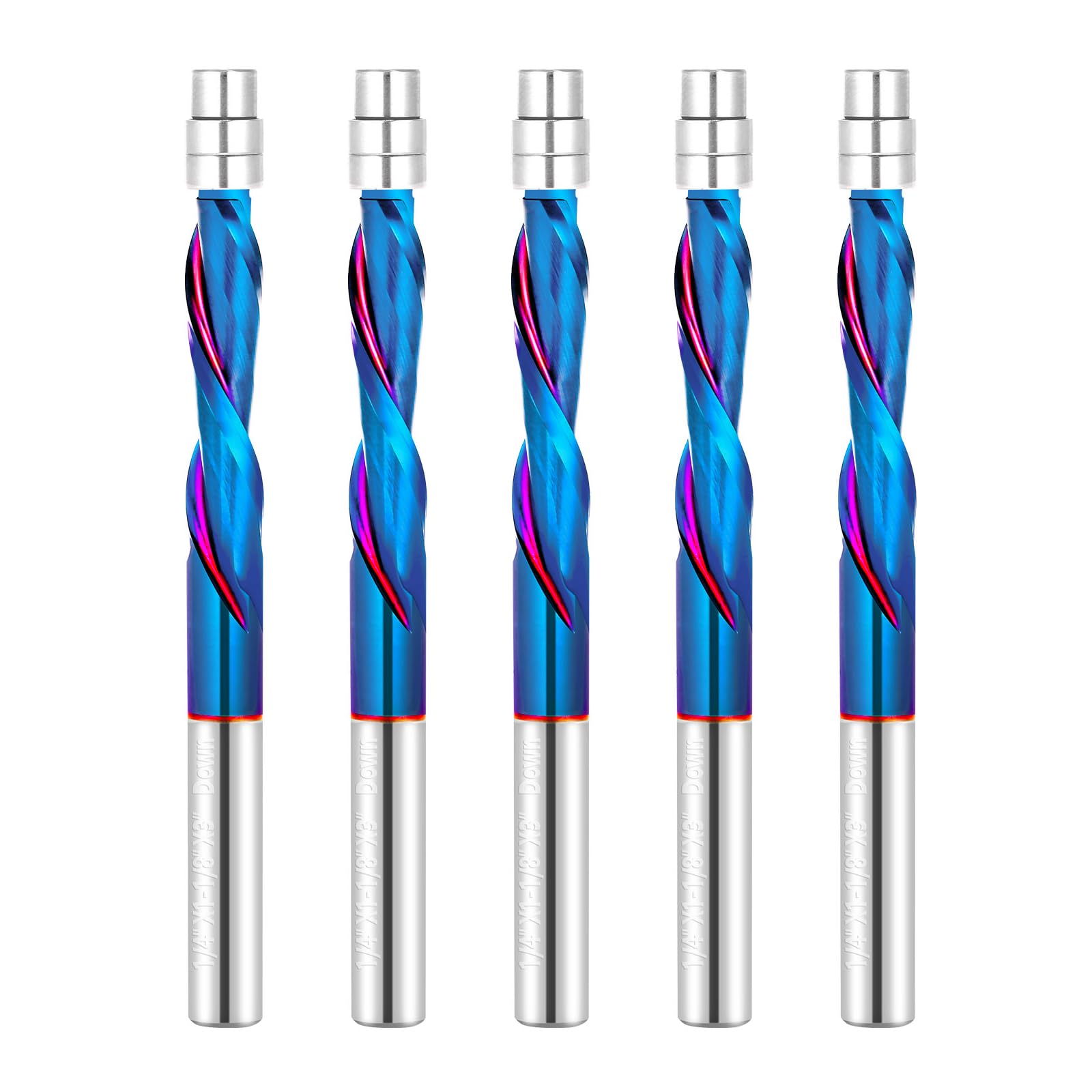 5 PCS Flush Cut Trim Router Bits 1/4 inch Shank Dowm Cut Solide Carbide Flush Trim Bits with Nano Blue Coating by Jiiolioa