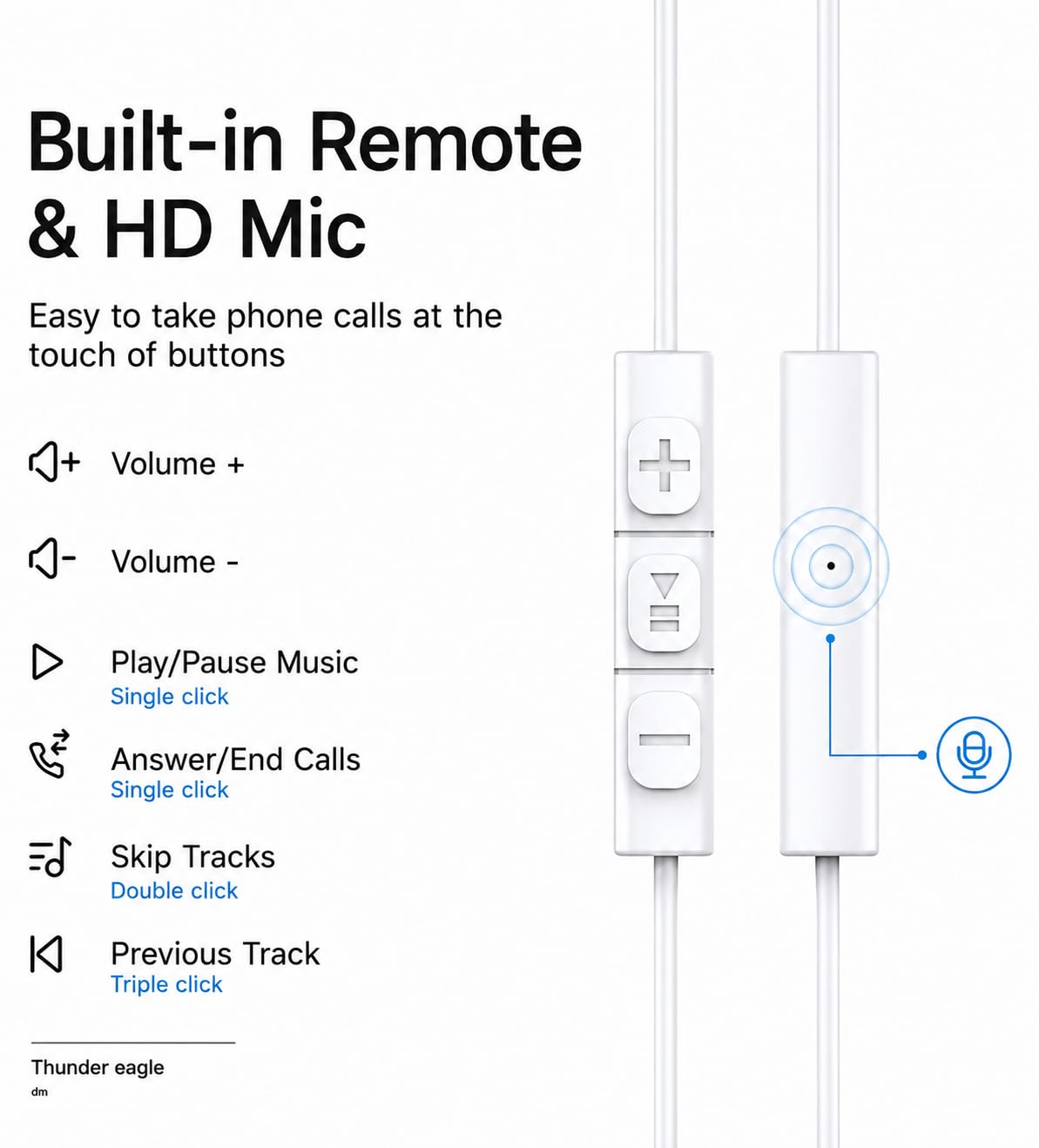 Wired Original Earphone with Microphone - Stereo in-Ear in Ear Headphones Compatible with iPhones7/8/X/XS/XR/11/12/13/14 Pro - Noise-Isolating, Stereo Sound,(Off White) Thunder Eagle — Amazon image 2