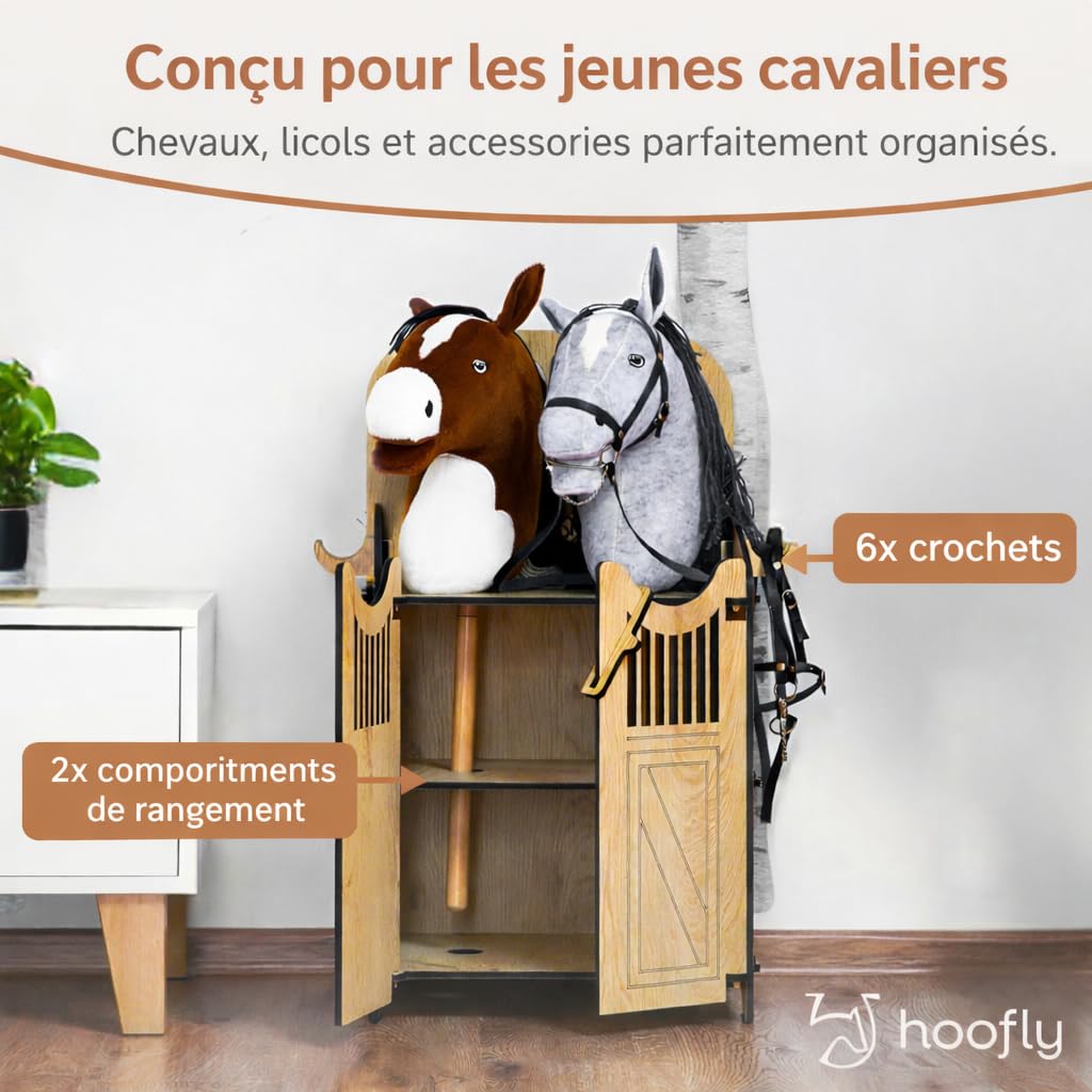 Hobby Horse Écurie – Accessoire Pratique avec Portes, Rangement & Crochets/Box en Bois Robuste pour 2 Chevaux bâtons/Support Stable pour Hobby Horse