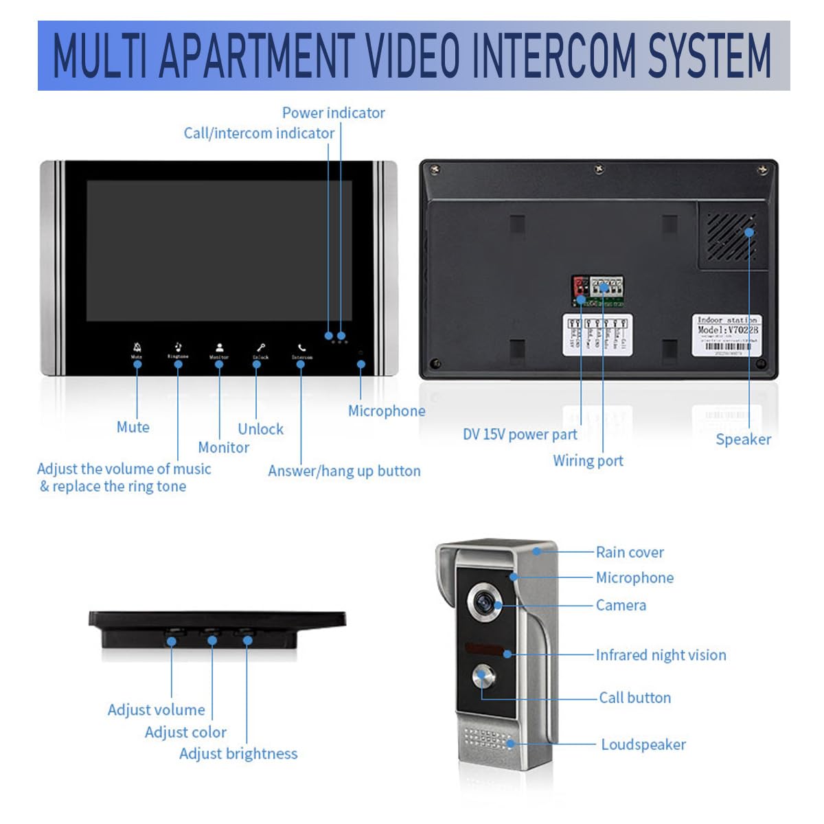 Interfono Video Cablato, Collegato A 4 Fili, Monitor Dotato Di Schermo Lcd Tft Da 7", Telecamera Per Visione Notturna Impermeabile, Sblocco Porta Di Monitoraggio, Audio Video Bidirezionale