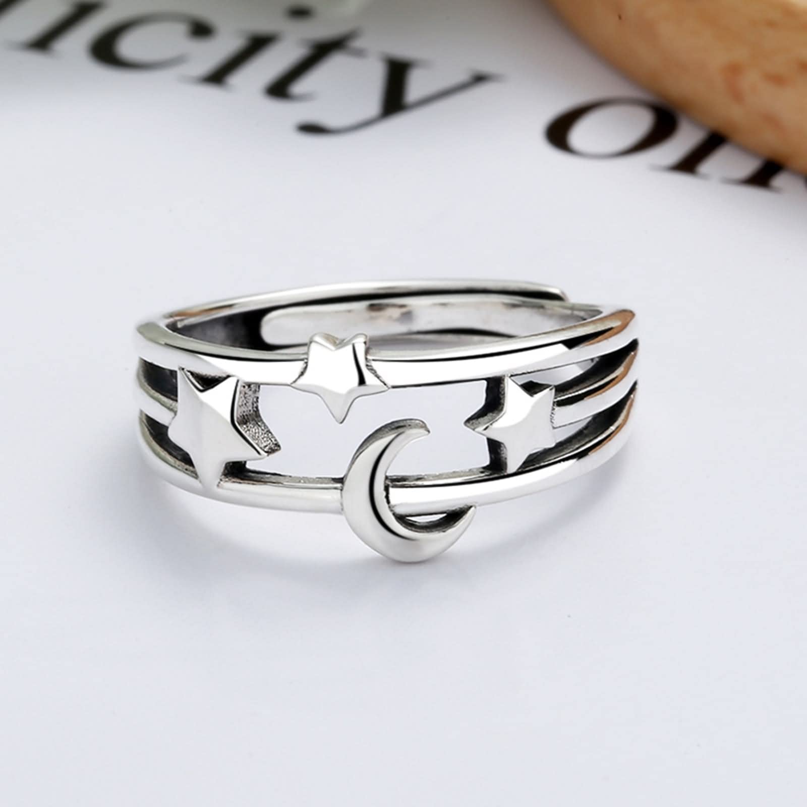 Anillos Mujer Plata de Ley, Anillos a Juego para Parejas Plata de Ley Forma de Estrella Luna Alianzas de Boda de Estilo romántico Tamaño Ajustable