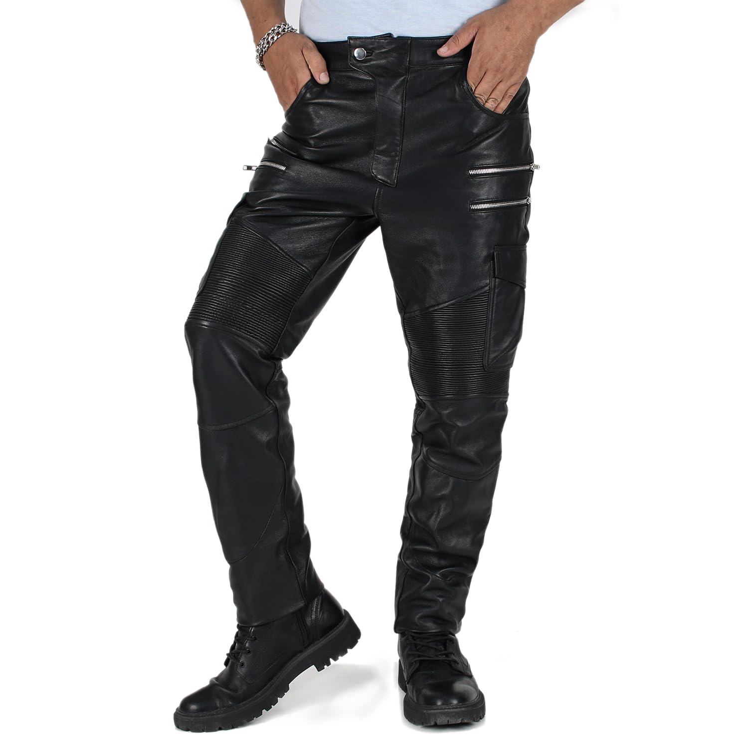 LaverapelleMen's Genuine Lambskin Leather Pants (Black, Biker Pants) - 2304007