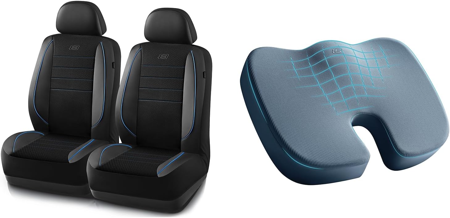 Skechers Memory Foam Seat Covers and Seat Cushion, Office Chair Cushion for Tailbone Pain Relief,Butt Pillow for Office Chair,Car seat Cushion,Long Sitting Office Workers,and Car Drivers,Blue