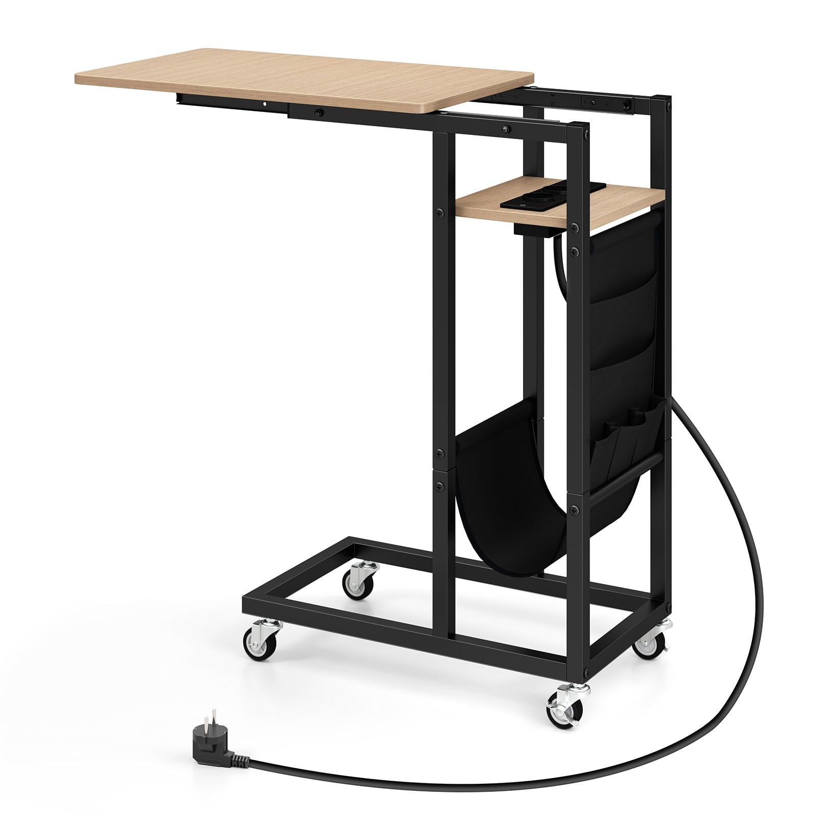 Giantex Mesa Auxiliar en Forma de C con Tablero Extensible, Enchufes y 2 Puertos USB, Mesita con 4 Ruedas, Estantes Abiertos y Bolsa Lateral, Mesa Lateral para Salón, Dormitorio (Gris)