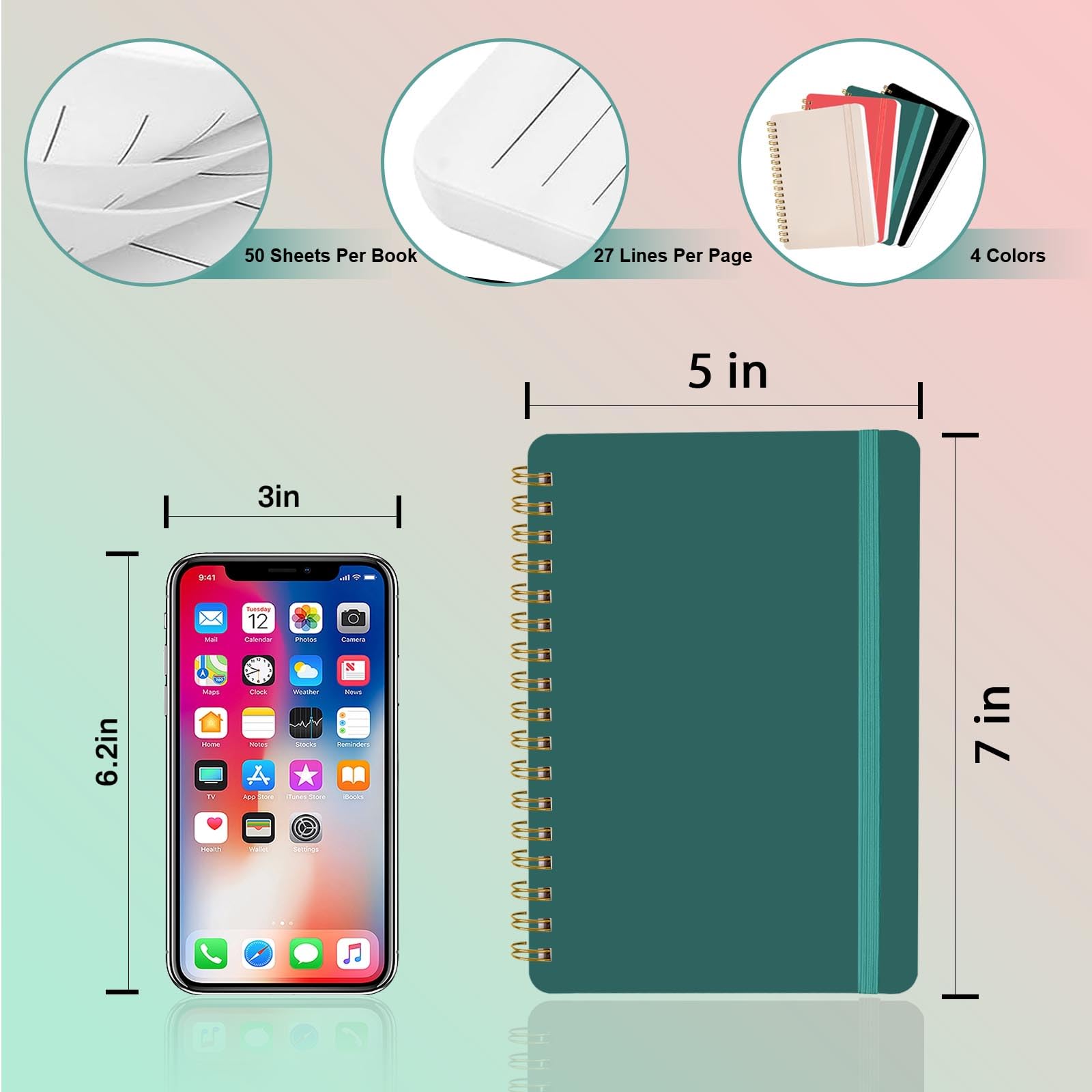4 quaderni a spirale da 12,7 x 17,8 cm, quaderni a spirale, 12,7 x 17,8 cm, per lavoro, appunti, scuola, piccoli quaderni con cinturino, graziosi quaderni per donne, 50 fogli