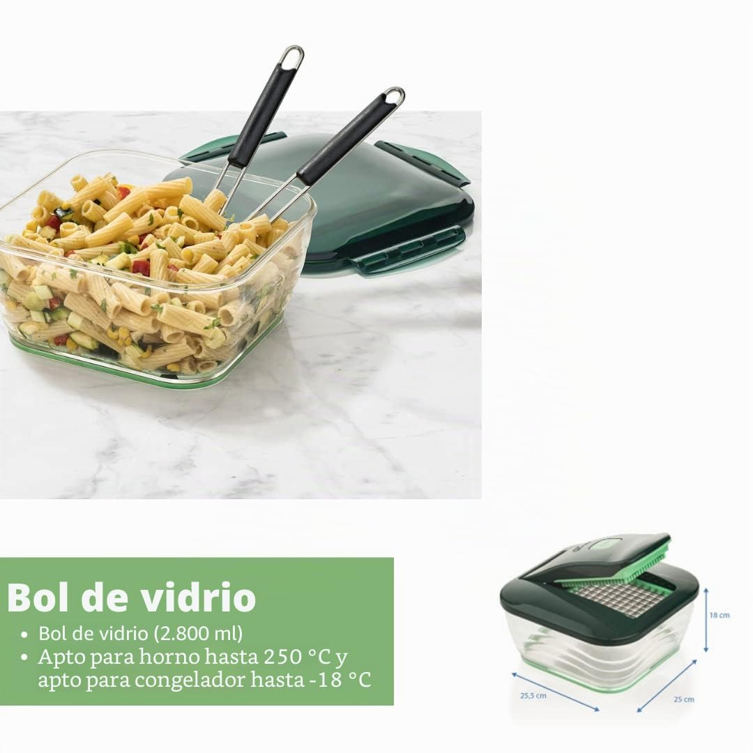 Genius Nicer Dicer Chef - Cortador de verduras (18 piezas, con cuenco de cristal y cortador de tomates y verduras de la televisión)