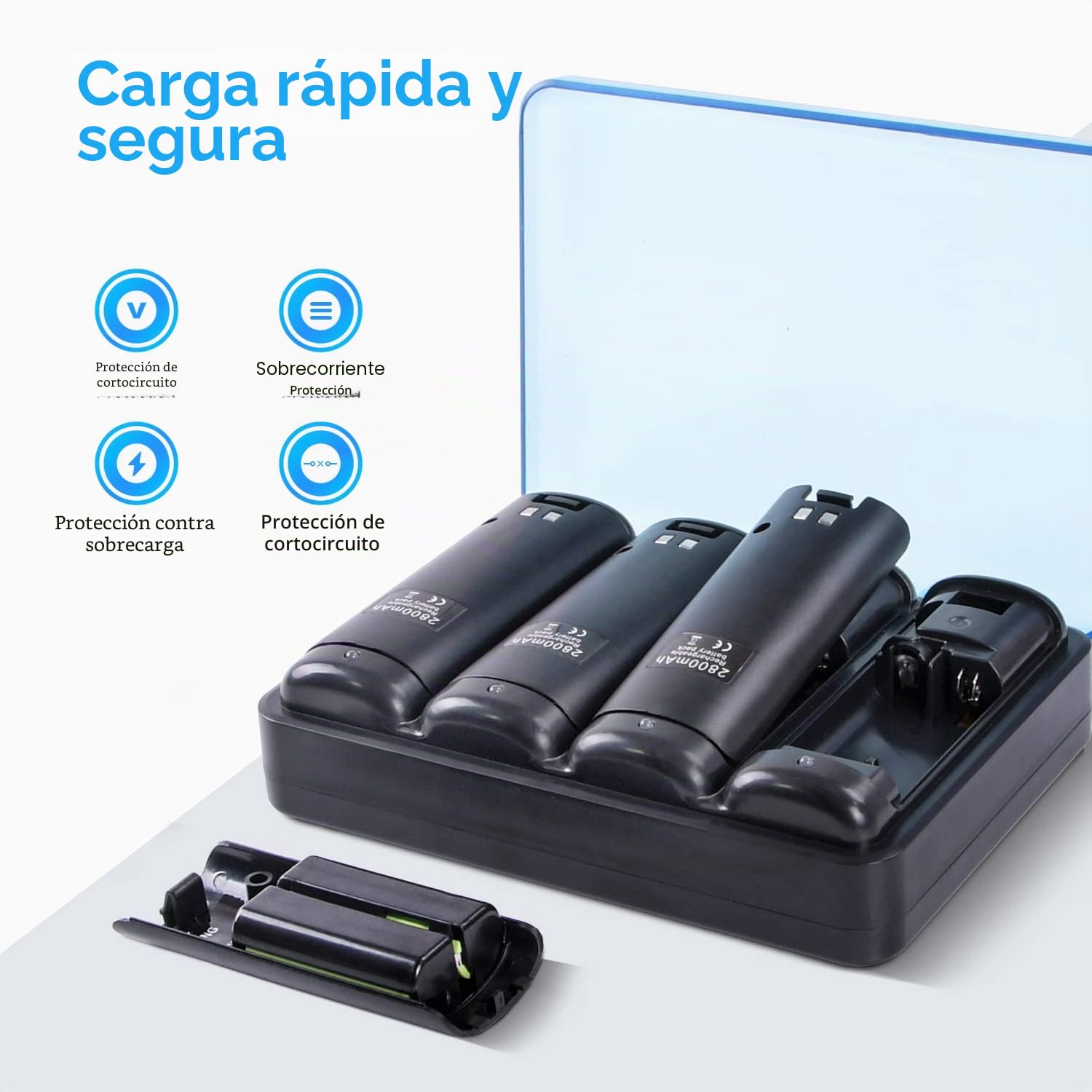 TechKen - Cargador para Mando de Wii con 4 baterías Recargables, Cargador Wiimote para Wii y Soporte de Carga de Wii con 4 Pilas de 2800 mAh para Mando a Distancia de Wii