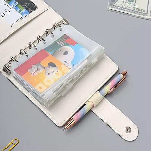 Miniatura 5 de Carpeta A7 de piel sintética blanca con 6 anillas y hojas sueltas para planificador, cuaderno con 12 unidades, 6 agujeros, bolsillos con cremallera,