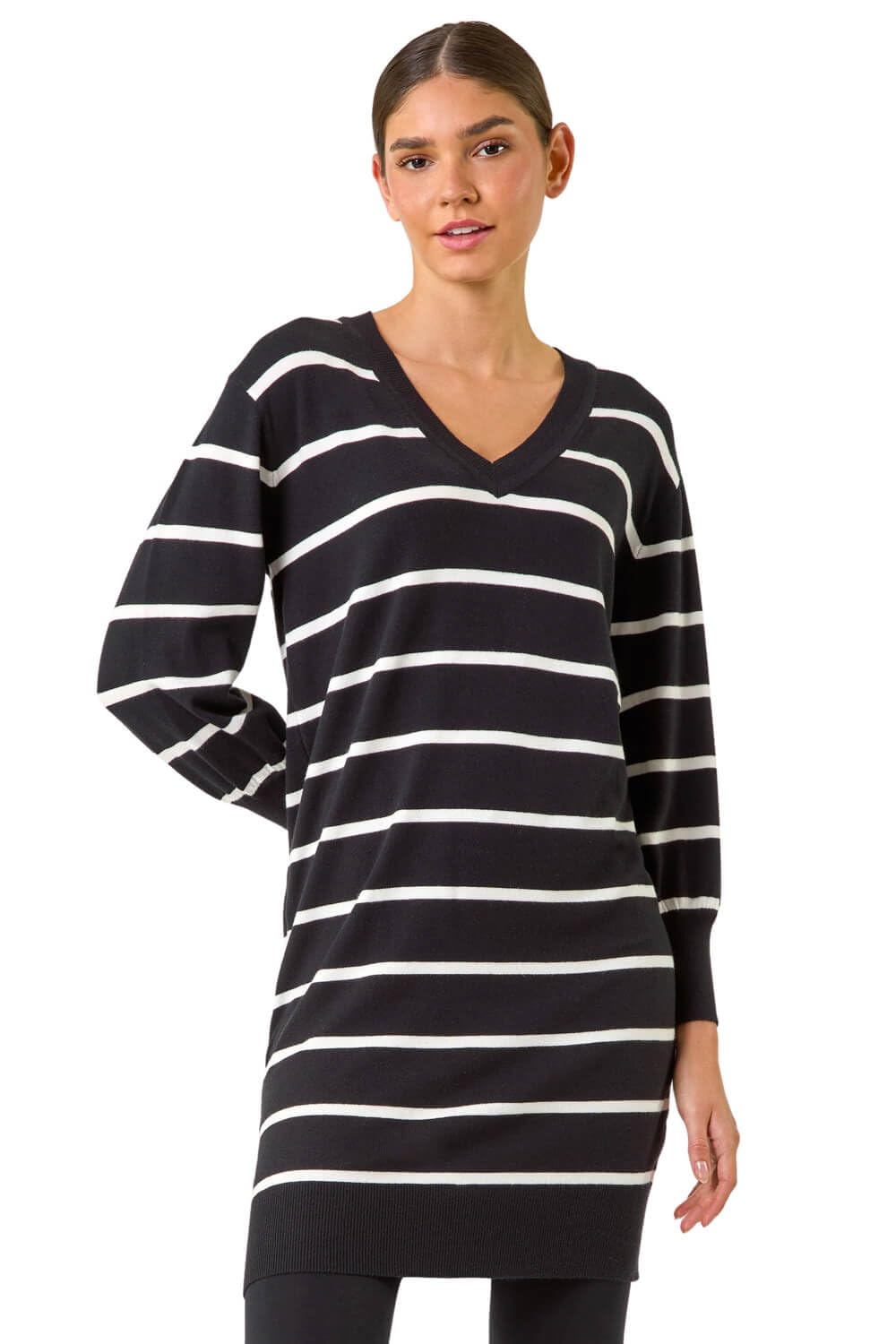 Roman Originals Women's Black White Roman Knitted Jumper Dress For Uk Knit Knitwear Autumn Winter Casual Smart Pull On Work Long Sleeves Slouch Relaxed Flattering Over Knee Length V Neck - Size 20