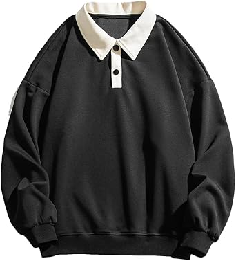 Dcvmvmn Men Hoodies Patchwork Loose Sweatshirts Lapel Pullovers Outwear Black
