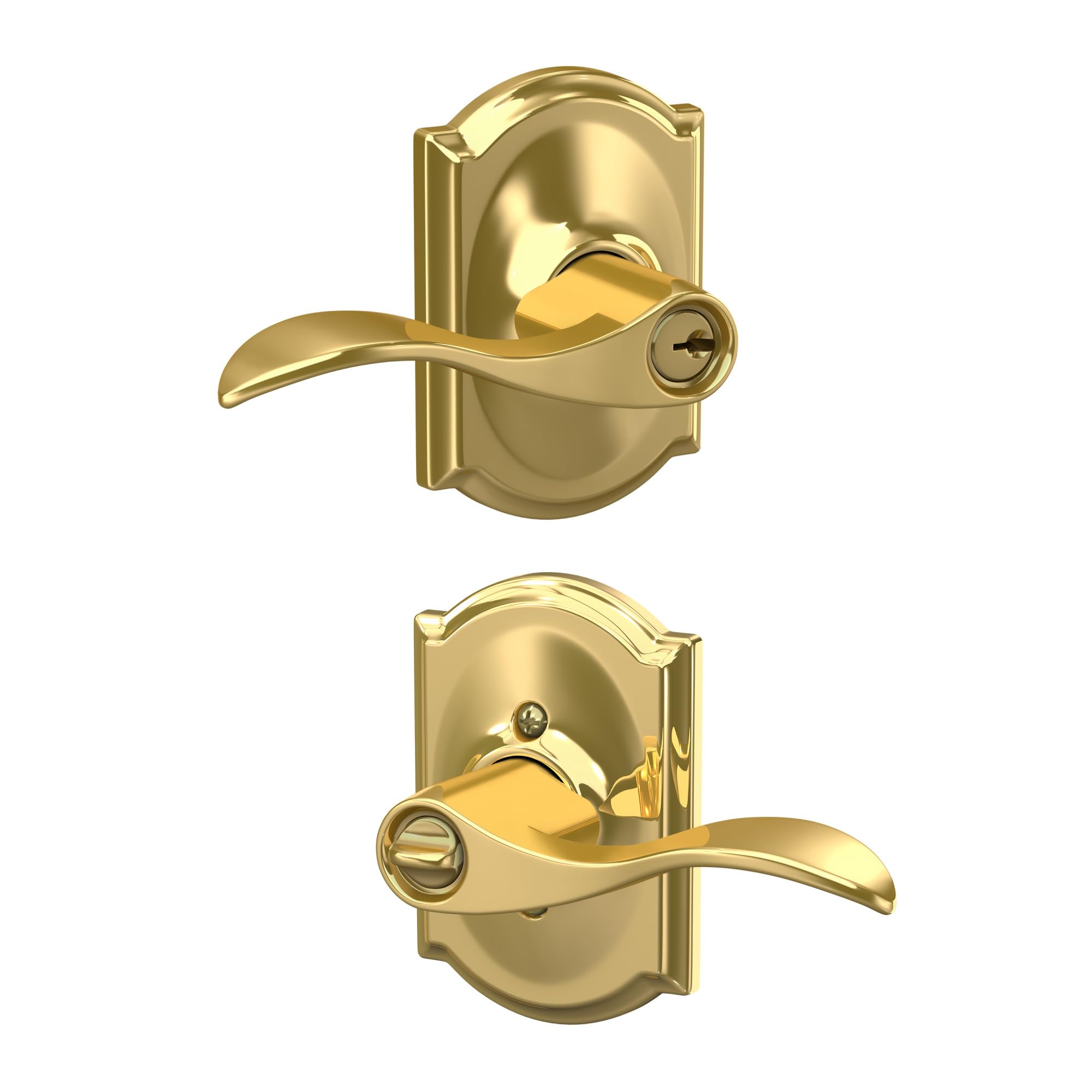 Schlage Accent Keyed Entry Door Handle, Reversible, Bright Brass | Keyed entry lever door handle with turn-button lock, Easy to install, Certified security &amp; durability, Universal fit, 2 keys