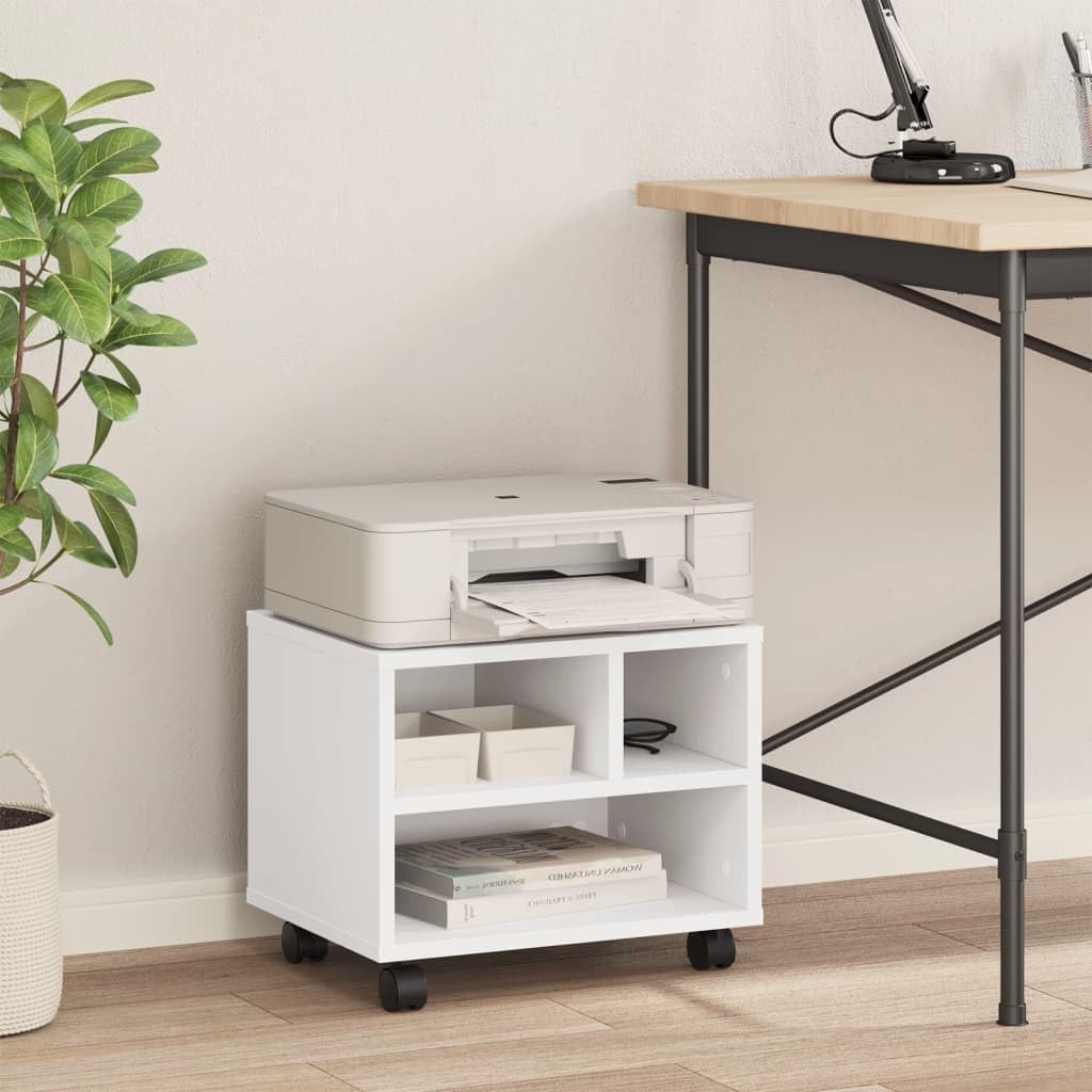 Supporto per stampante con ruote, bianco, 41 x 32 x 34,5 cm, scaffale per stampante su ruote con 2 organizer multifunzione bloccabili, per ufficio, studio, cucina, come tavolino