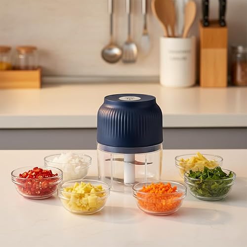 Miniatura 6 de Picadora eléctrica de ajo de capacidad de 10.1 fl oz, mini cortador de verduras portátil, 4 cuchillas afiladas de acero inoxidable, mini picadora