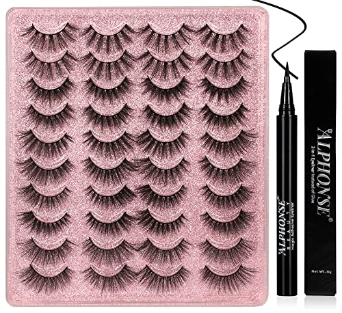 ALPHONSE False Eye Lashes Sets Pack, 20 Pairs 3D Faux Mink Eyelashes with Self-Adhesive Eyeliner Instead of Glue, 16-20MM Natural Wispy Fluffy Volume Long Thick Fake Eyelashes 5 Styles Mixed