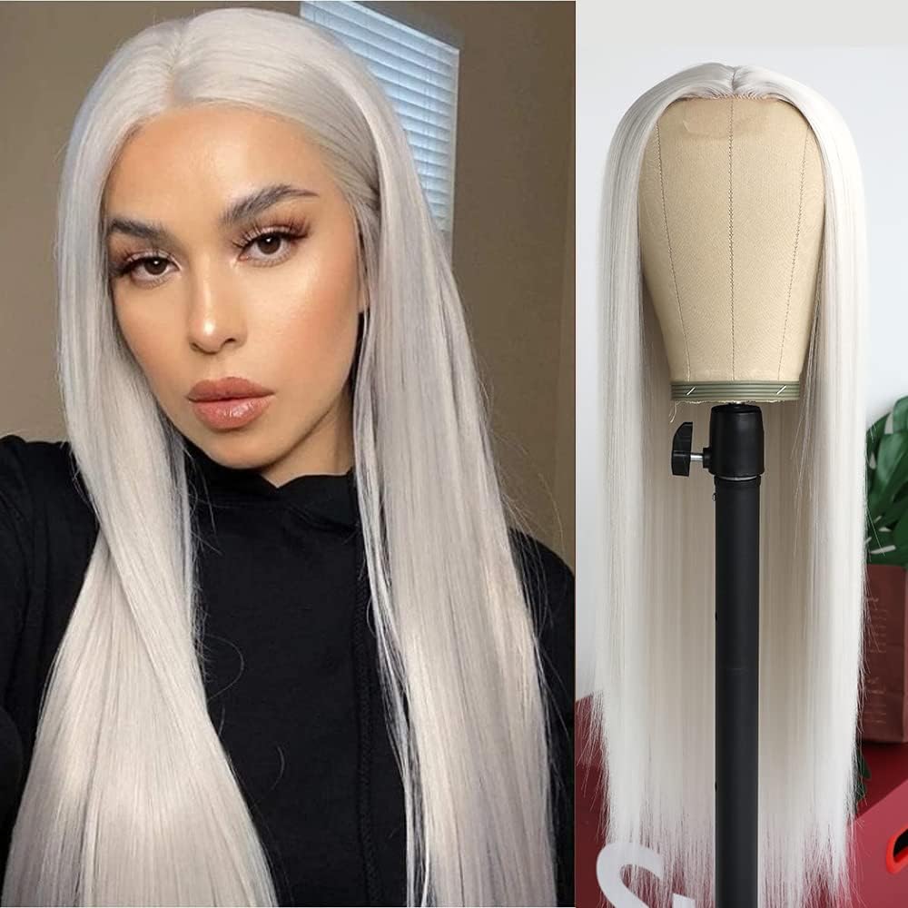 Aubree Platinum White Synthetic Lace Front Wigs Long Straight None Natural Looking Heat Resistant Fiber Wig for Daily Cosplay Costume Pre Plucked Wigs for Black Woman Peluca 22 Inch Christmas gift