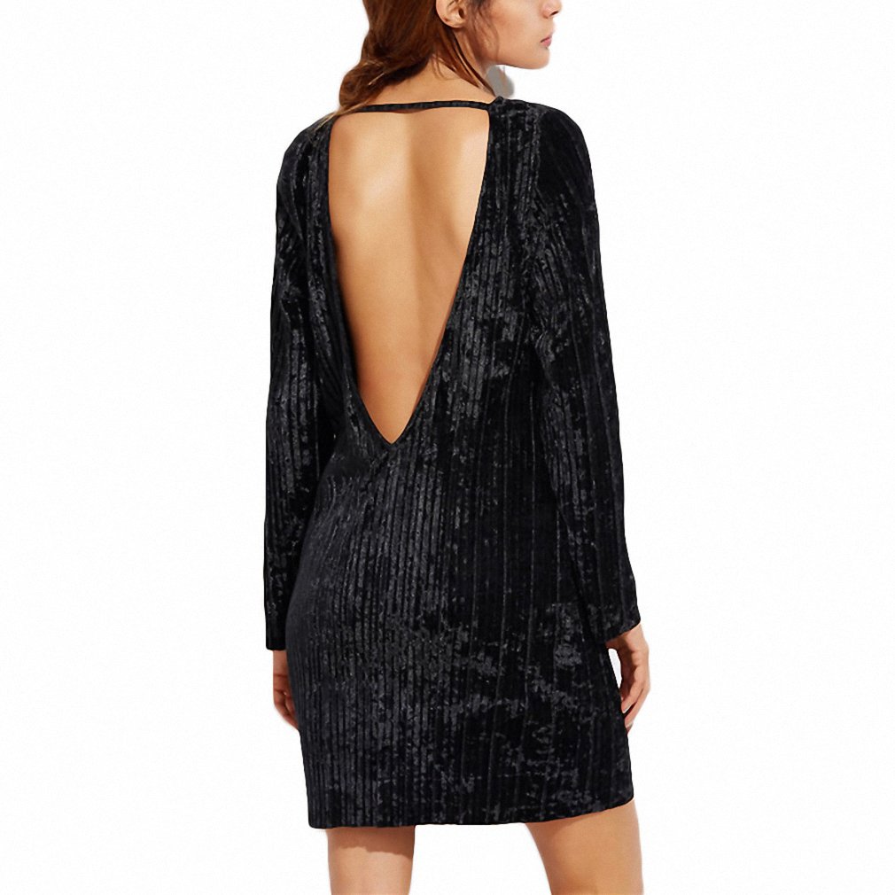 Ygrsegt Black Open Back Ribbed Velvet Dress Long Sleeve Straight |  Desertcart Bahamas