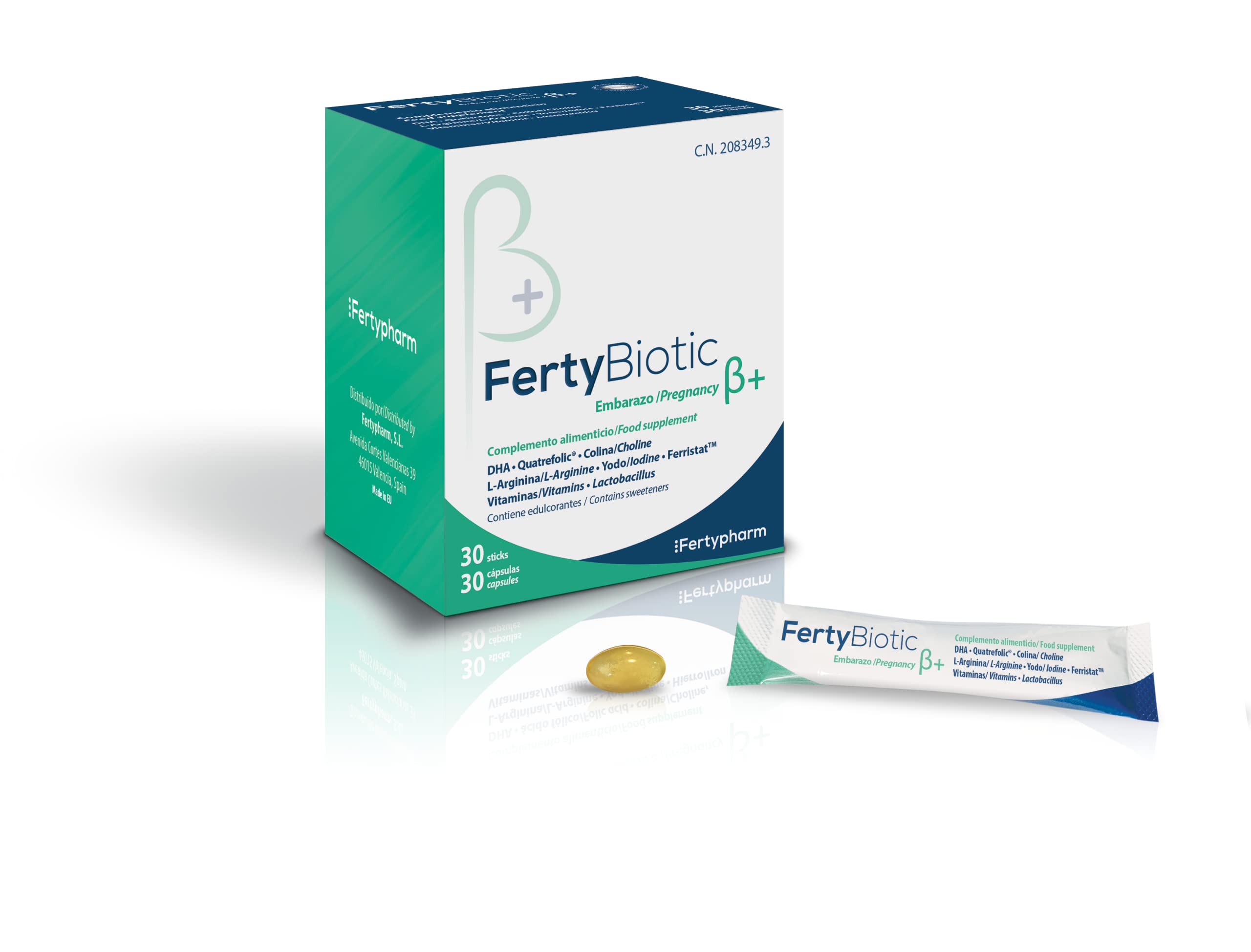 FERTYBIOTIC EMBARAZO B+ | Primer Nutracéutico para la primera etapa del embarazo | Colina, L - Arginina, Ácido fólico, Vitamina D y Probióticos