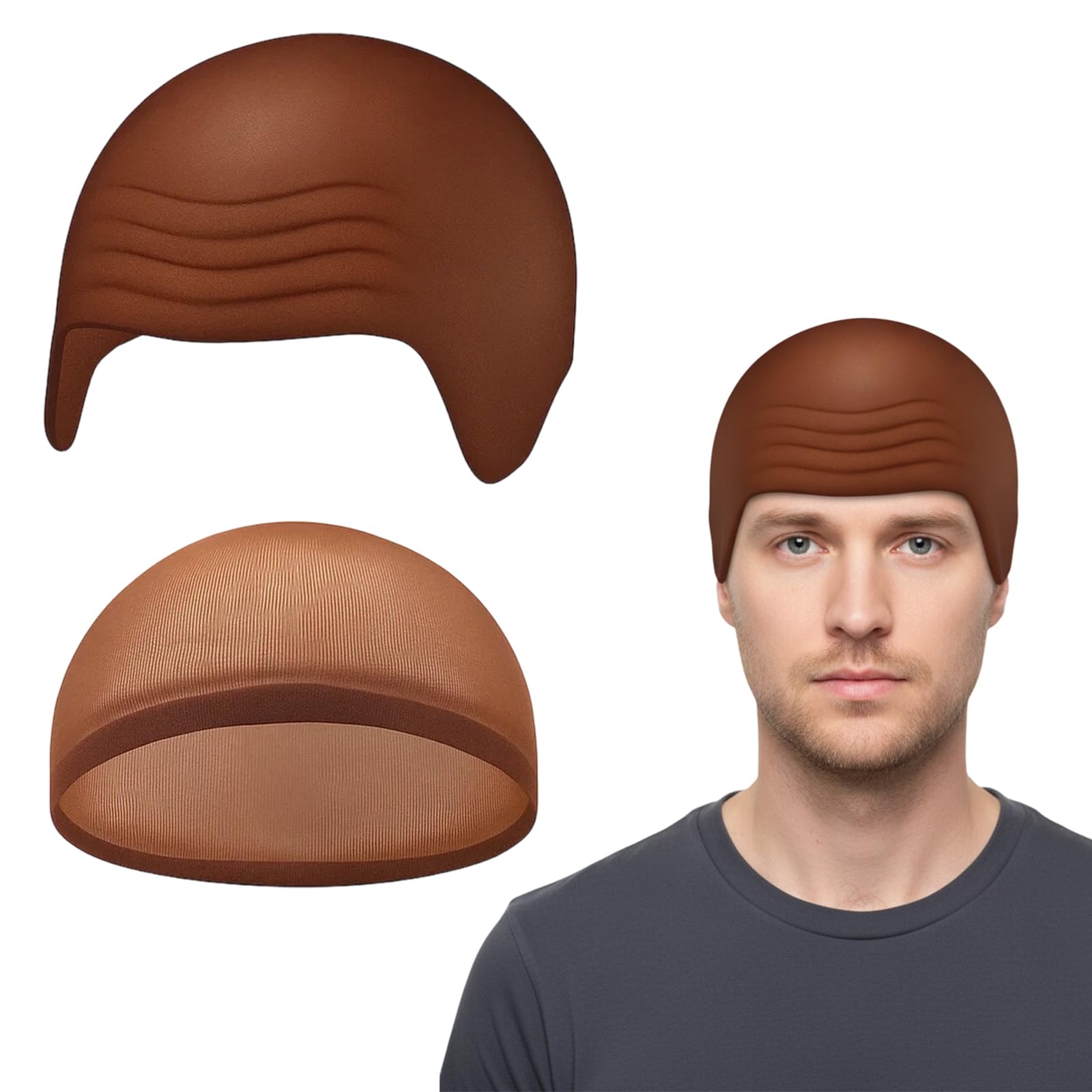 SrgPui Adult Bald Cap for Halloween Cosplay, Bald Caps for Stage Performances and Parties, 2PCS Brown Skin Latex Head Cover with Hair Net, Head Circumference 54-58cm
