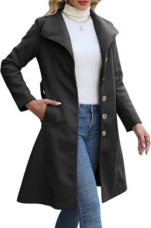 Wool Coats for Women Winter Long Pea Coats Stand Collar Single Breasted Trench Coat with Belt