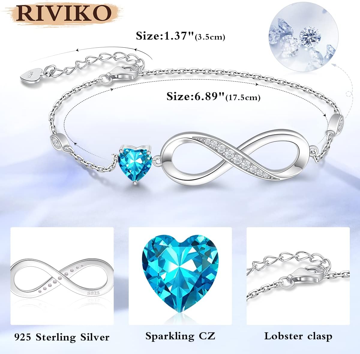 RIVIKO Infinity Love Heart Symbol Charm Bracelet for Women 925 Sterling Silver Adjustable Birthday Valentine’s Day Christmas Mothers Day Jewelry Gift for Mom Women Wife Her Friends - Image 5