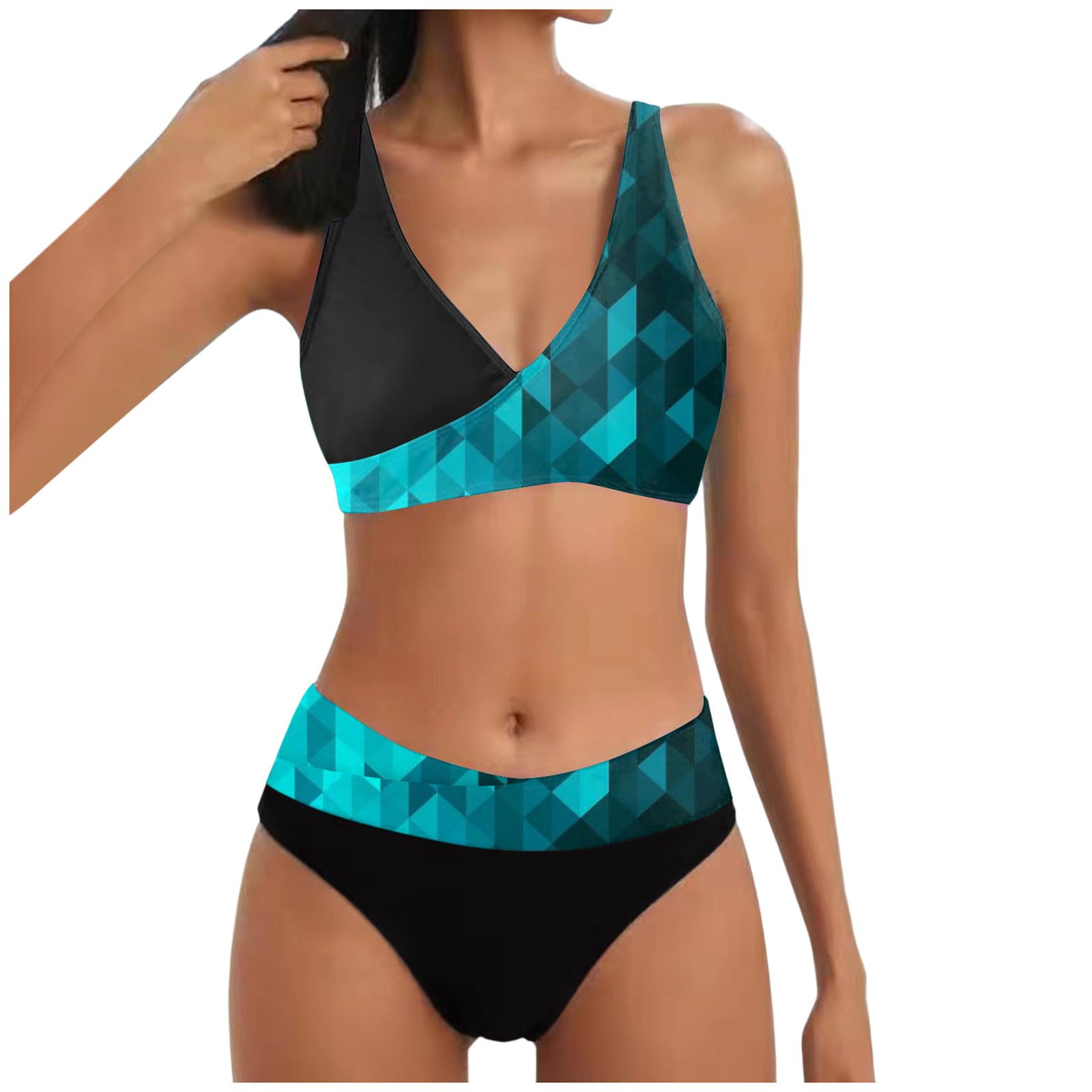 POIUIYQA Bikinis Mujer 2024 Talla Grande Reductor Sin Aros Cintura Alta Vintage Cuello en V Trajes de baño de Dos Piezas Tops y Lateral con Cordones Braguitas Swimwear Control del Vientres S-XXL