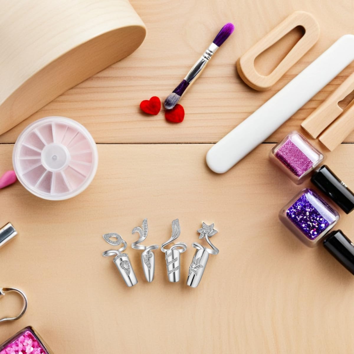 FOMIYES Anello Aperto per Unghie Donna con Pietre Brillanti in Lega 4 Pezzi | Argento, senza Colla, Fissaggio Stabile, per Occasioni Speciali e Feste come Prom e Natale