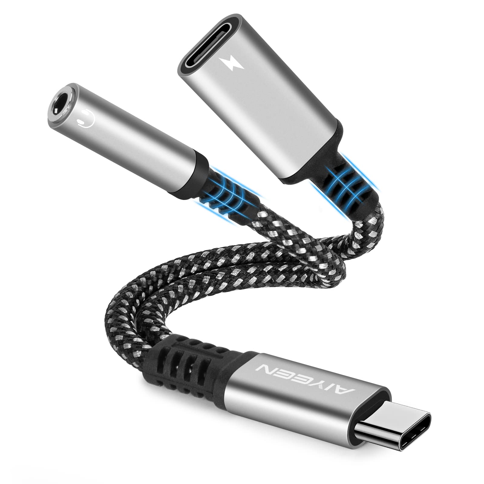 AIYEEN 2-in-1 USB C to 3.5mm Headphone and Charger Adapter, USB C PD 3.0 Quick Charging Port to Aux Audio Jack & 60W Fast Charging Dongle Cable Compatible with iPhone 15 Google Pixel Samsung (Grey)