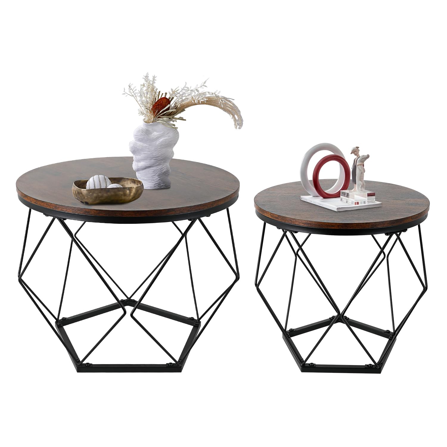 Coffee Table Set of 2 Round Coffee Table with Steel Frame, Sofa Table Side End Table for Living Room, Bedroom, Office, Rustic