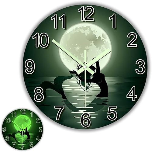 The Geeky Days Reloj colgante de sirena con luna llena que brilla en la oscuridad, funciona con pilas, de cuarzo silencioso luminoso de 15 pulgadas,