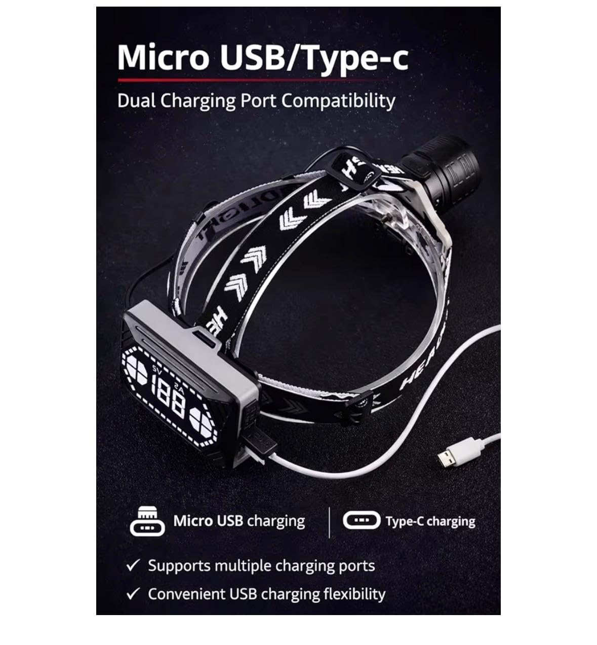 Lampe frontale LED rechargeable 3000 lumens - Détecteur de mouvement avec 8 modes, angle réglable de 135 °, étanche IPX7 pour camping, randonnée, course et aventures en plein air Classe