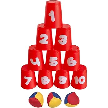 Idena 40416 - Ball throwing game with 10 cups and 3 balls colorful