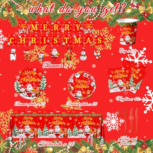 Christmas Paper Plates and Napkins - Disposable Tableware with Plates, Napkins, Tablecloth, Banner for Christmas Party Table Decorations – Image 7