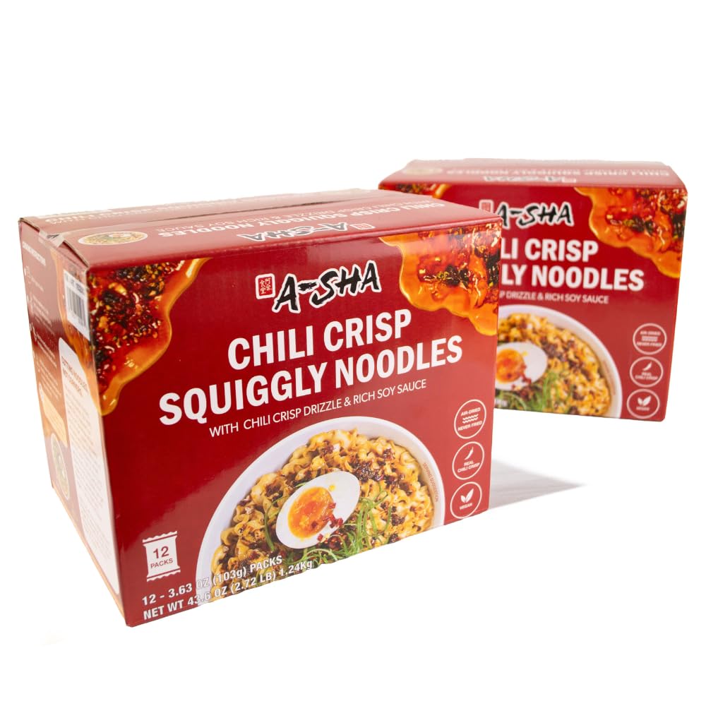 A-Sha Squiggly Noodle with Chili Crisp Drizzle and Rich Soy Sauce (24 Packs) | 11g of Protein | Premium Air Dried Never Fried Noodles