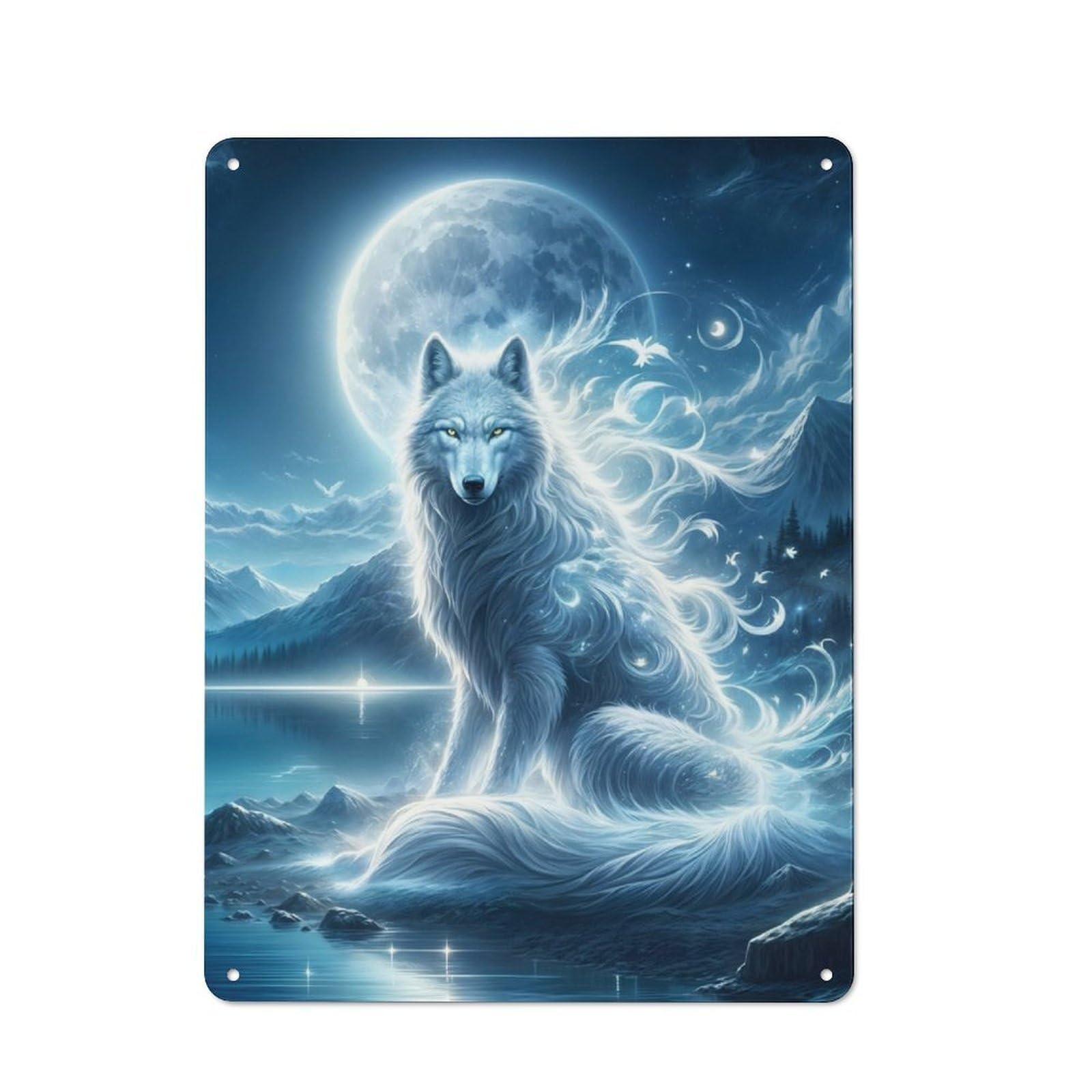 Junmoney Mystical Wolf Rustic Metal Plaque 40X30cm For Lounge Or Reading Corner, For Home Office, Studio And Craft Room Walls