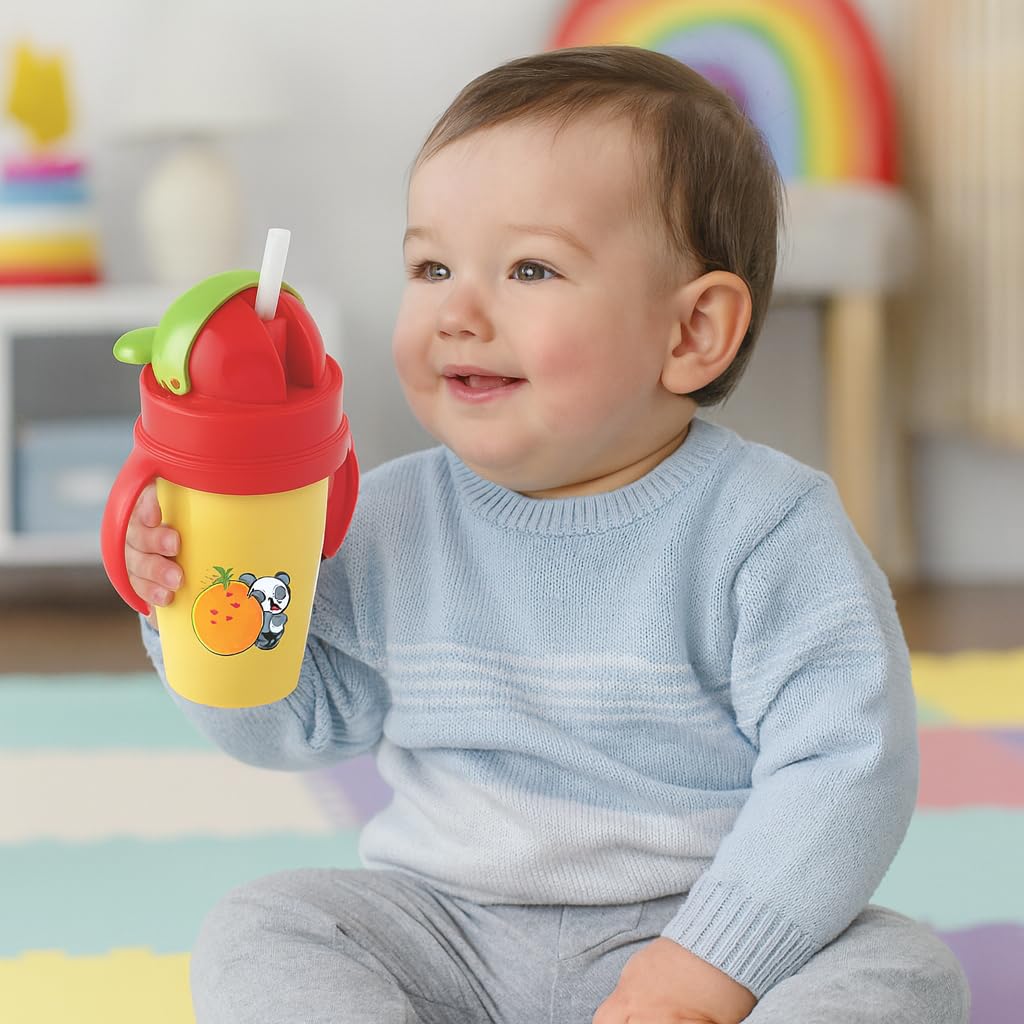 Zerya Stainless Steel Double Walled 360ml BPA-Free Sippy Cup Anti-Spill Soft Silicone Spout Baby Sipper Water Bottle with Straw and Side Handle for Kids (Note -Color Random as Per Availability) 1