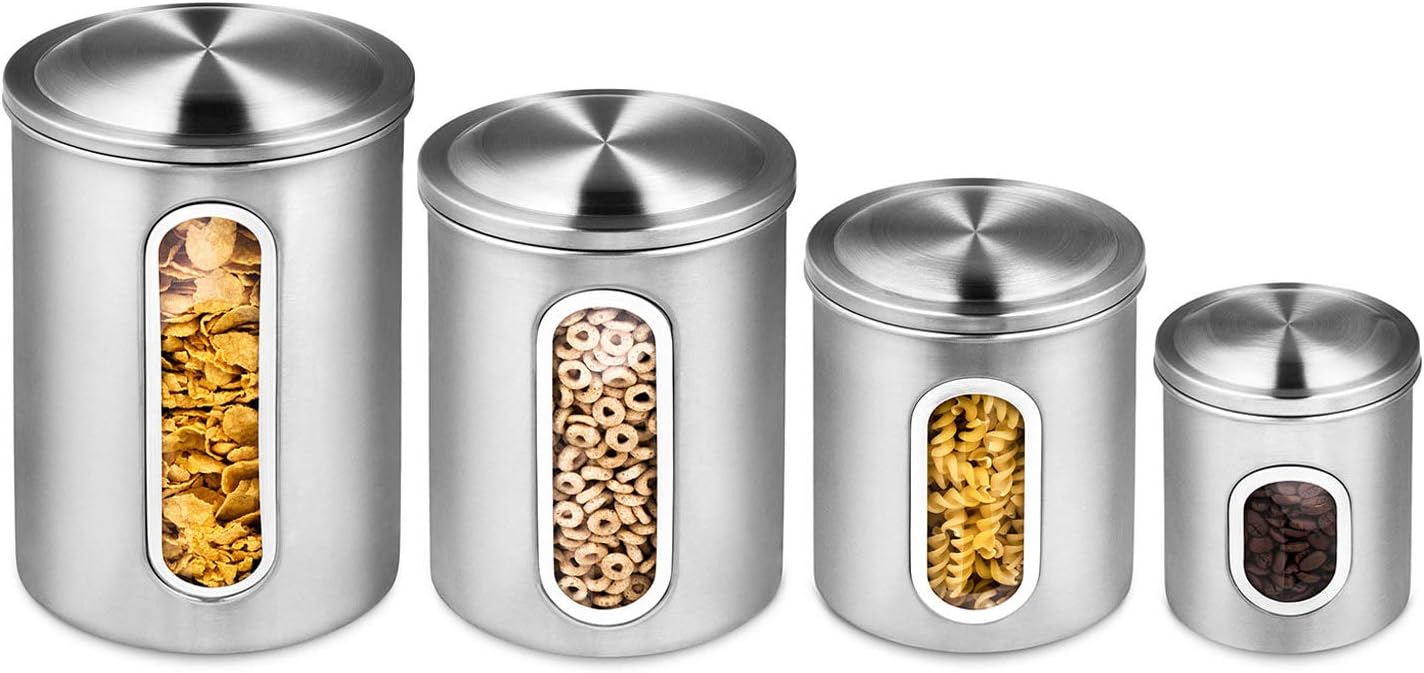 Onе-Dау Sаlе: Uр tо 40% оƒƒ Deppon 4-Piece Canister Set Stainless Steel with Airtight Lids and Plexi-Glass Window Large for Flour Sugar Tea Coffee Nuts Food Storage (Silver)