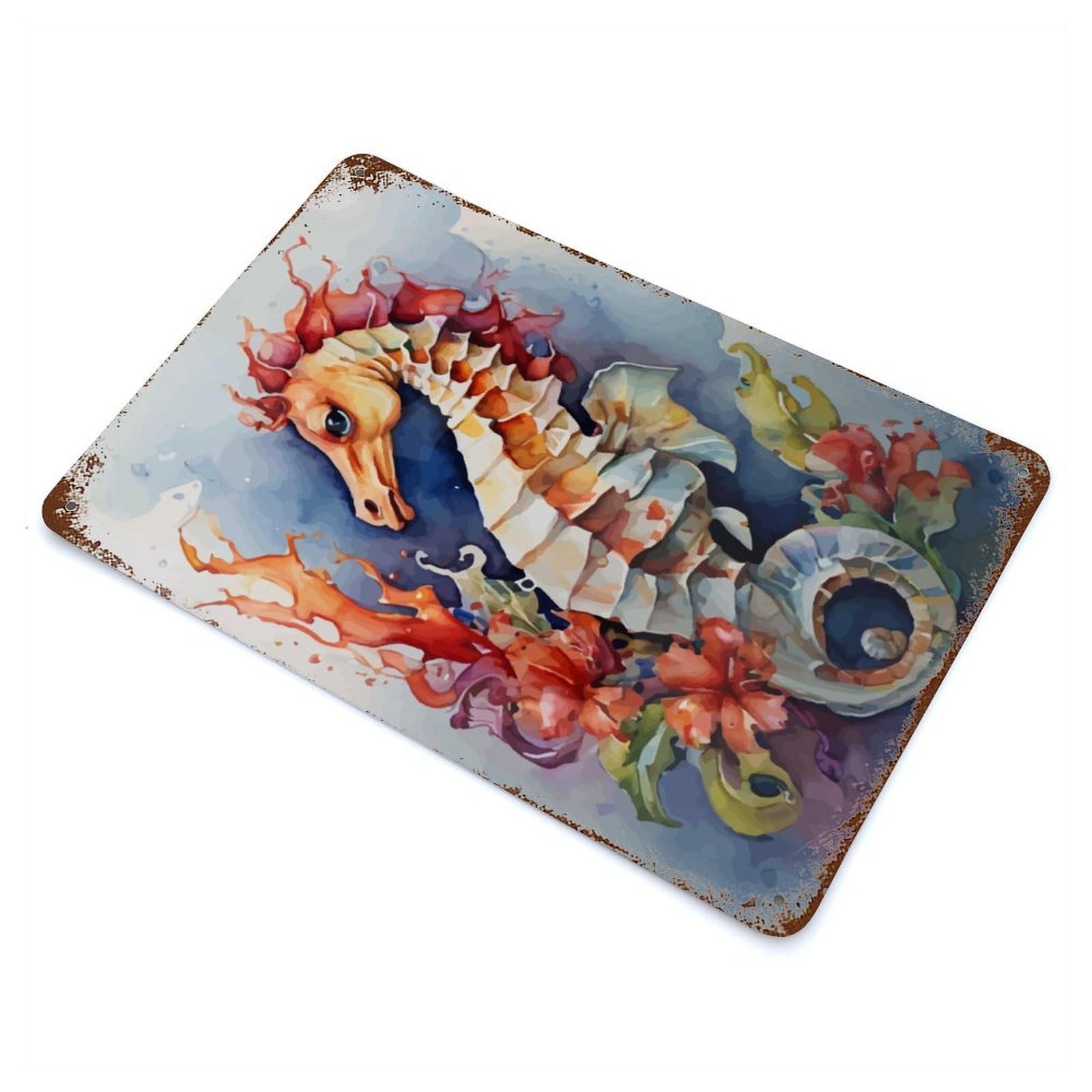 Watercolor Seahorse Vintage Wall Sign 11.8"x7.9", Rust Effect Metal Decor for Basement, Hobby Room And Garage Decor