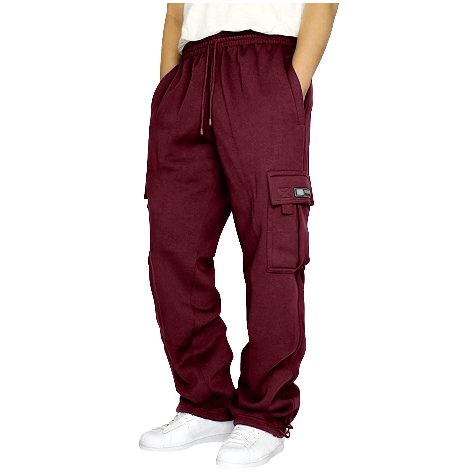 Men's Heavyweight Fleece Cargo Sweatpants Stretch Elastic Waist Athletic Workout Jogger Pants Drawstring Sport Trousers