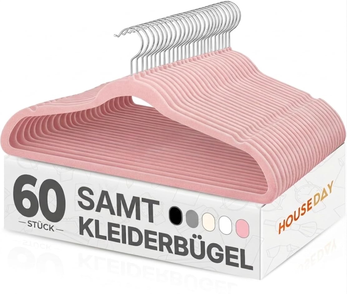 HOUSE DAY Kleiderbügel Samt 60 Stück, Kleiderbügel Platzsparend Filz Bügel - Rutschfester, Premium Schwarzer Anzugbügel, 360° Drehbarer Haken
