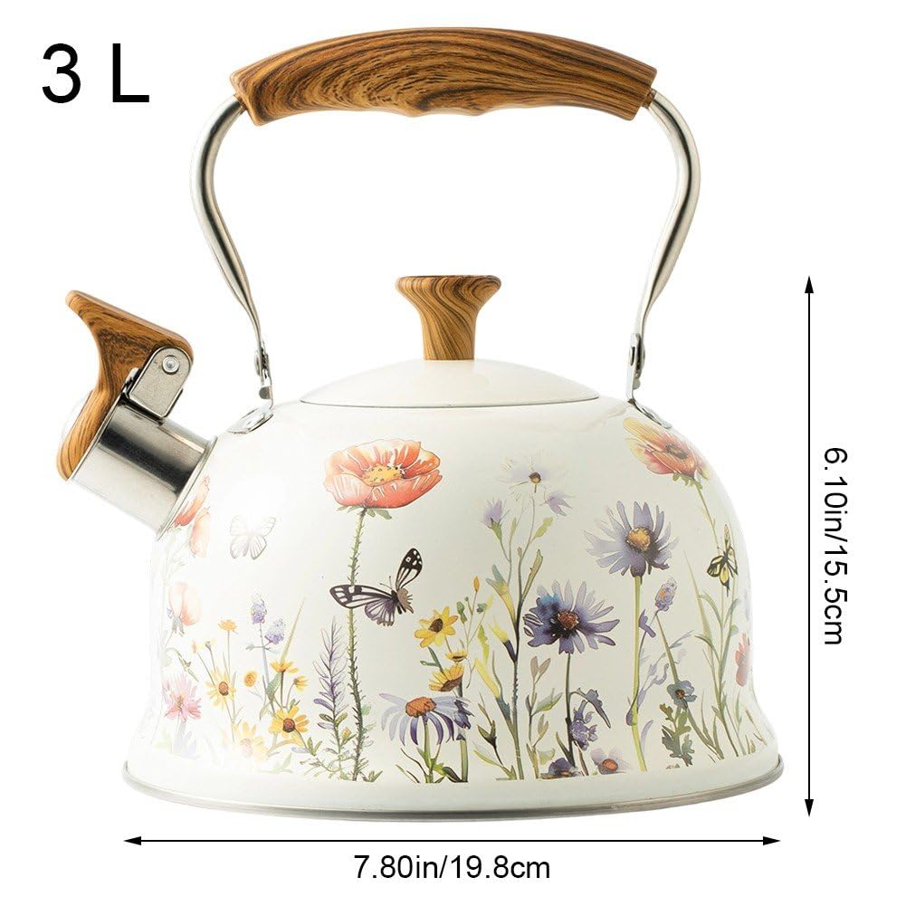 Bouilloire Sifflante 3l À Motif Floral avec Poignée Anti-brûlure, Style Vintage, Compatible avec Les Plaques De Cuisson À Gaz À Induction.