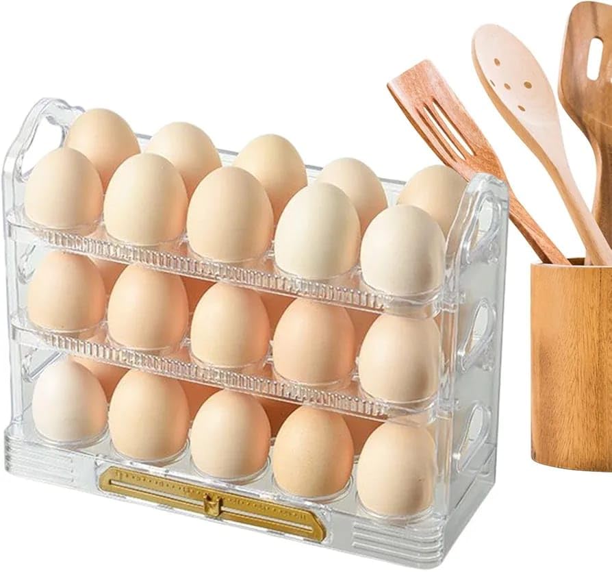 Auto Flip Egg Organizer, 3-Tier Egg Holder Storage 30 Count, Egg Storage Container For Refrigerator Side Door, Egg Storage Container for Refrigerator with Freshness Tracker.