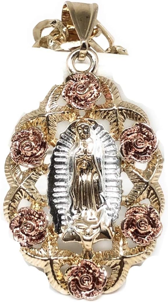 Fran & Co. Tri-Color Virgin Mary Flower Pendant Necklace 26" Virgen de Guadalupe Medalla Tres Colores Con Flores