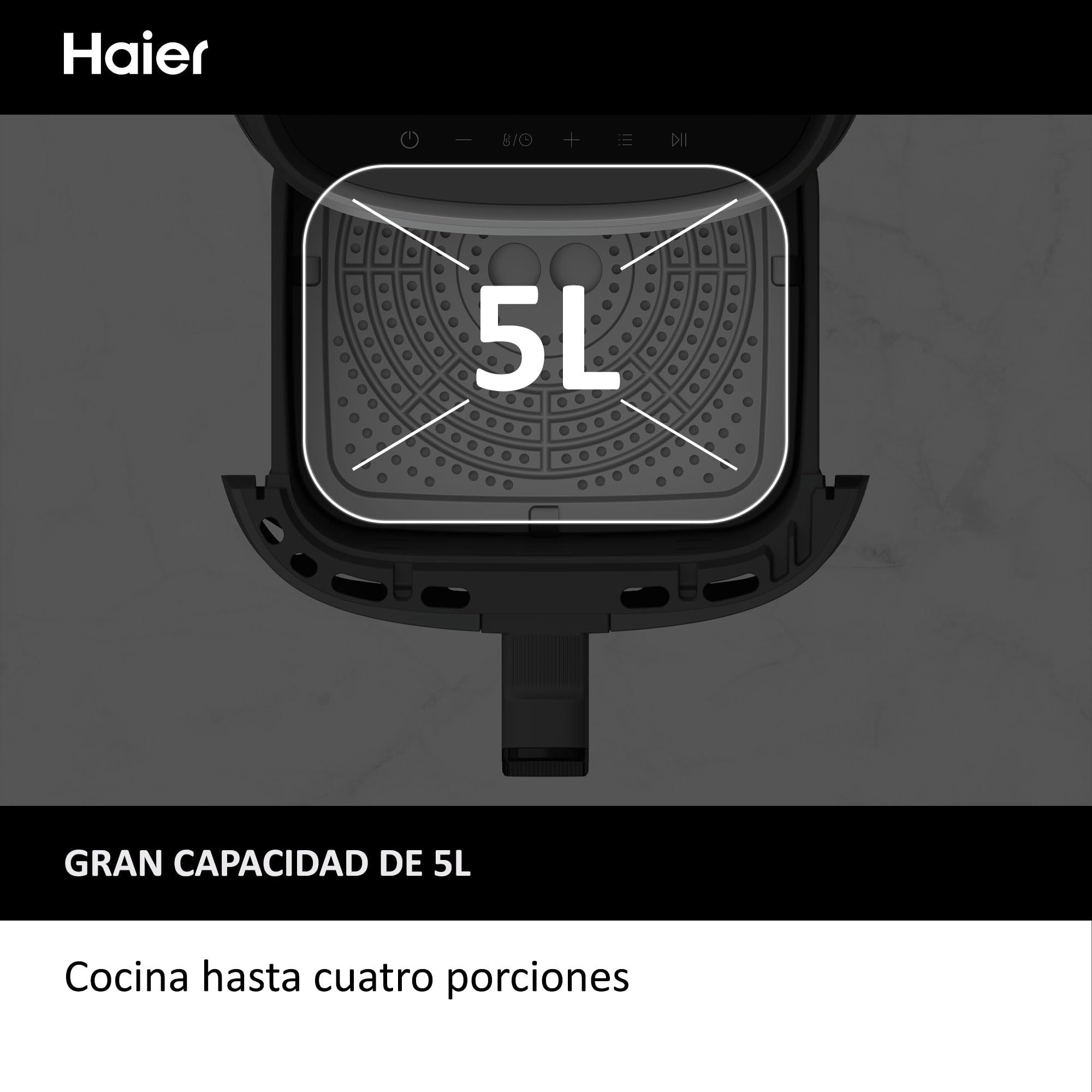 HAIER Freidora de Aire sin Aceite de 5L, Pantalla Táctil, 6 en 1, Air Fryer, Hornear, Asar, Parilla, Deshidratar, Descongelar, para 4 Personas