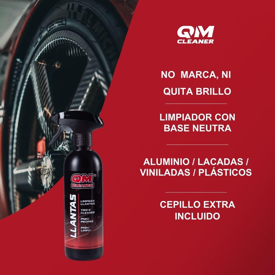 QM Cleaner Kit Limpieza y brillo de Llantas y Neumáticos para Coche | Incluye 500ml Limpia Llantas, 200ml Abrillantador de neumáticos, Cepillo y Esponja Kit completo Automovil